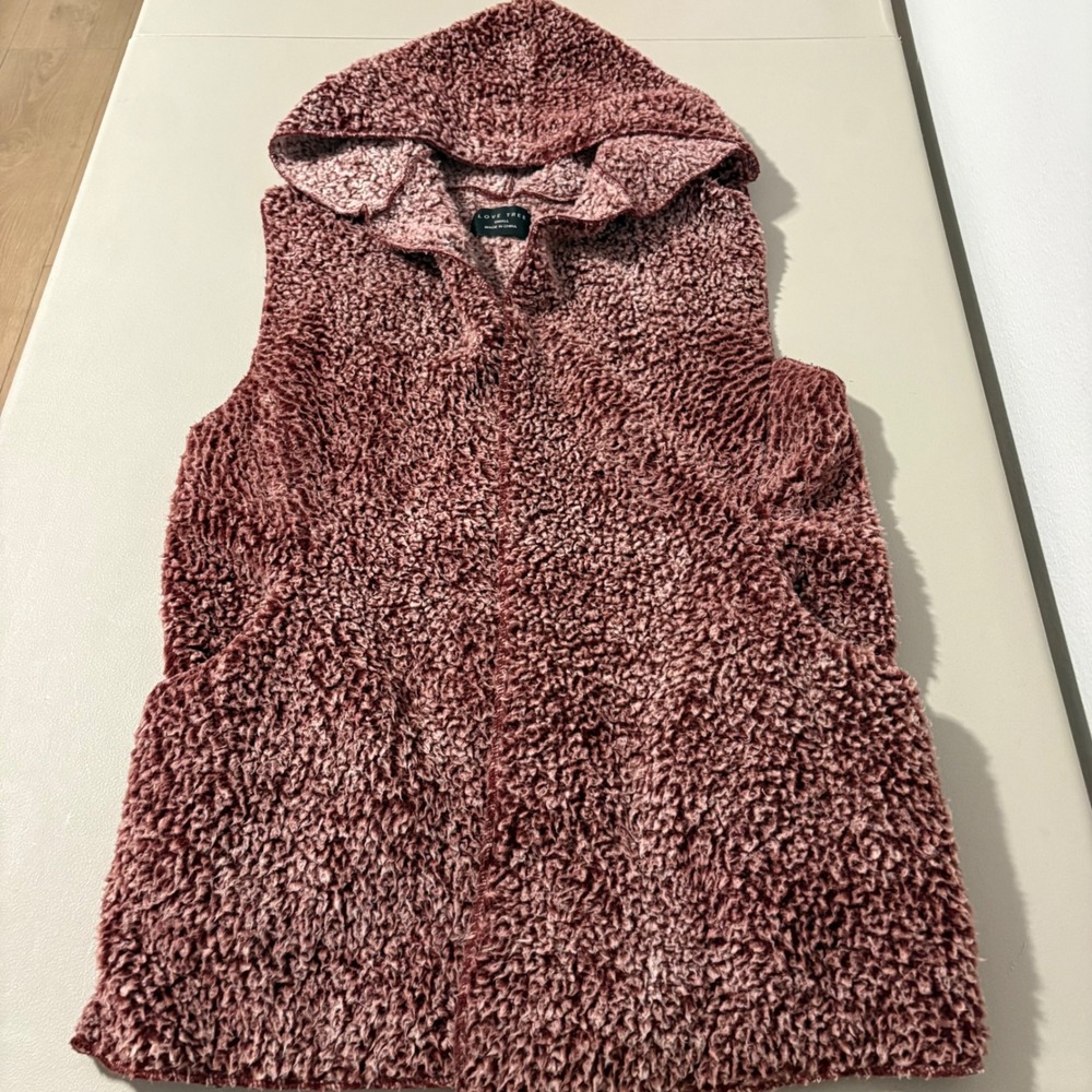 Love Tree Mauve Teddy Fleece Hooded Vest Dusty Rose Sherpa Open Front Pockets SM